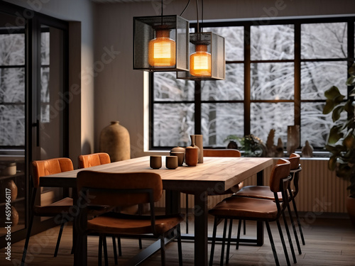 Transformative design shapes hightech dining room into perfect dinner setting. AI Generation.