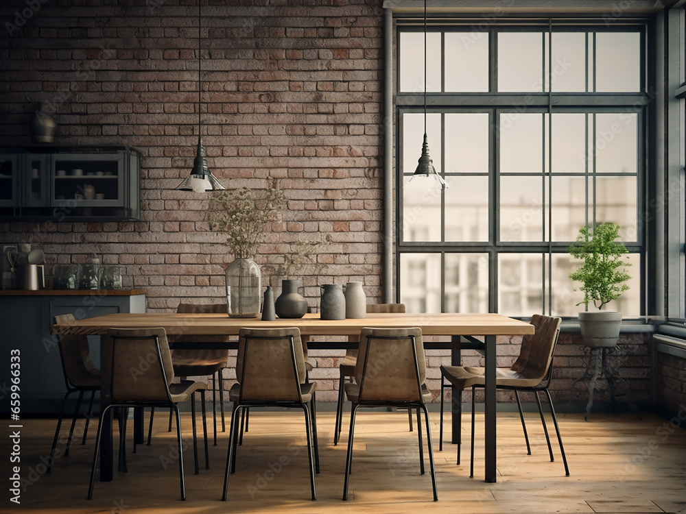 Loft dining room, eclectic furniture design. AI Generation.