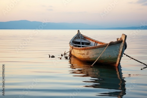 Obraz na plátně capsized rowboat on calm lake surface