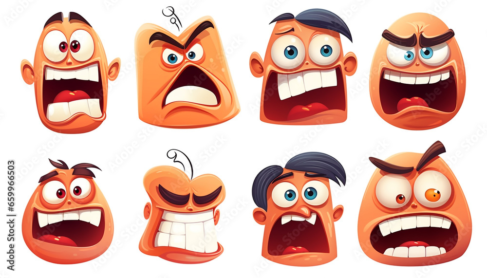 Cartoon faces set Angry laughing smiling crying