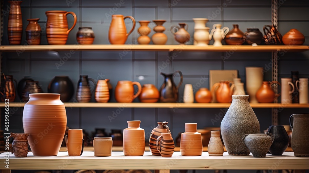 Pottery backgrounds, ceramics and shelf in studio, creative store or manufacturing startup. Clay products, collection and display in workshop, small business and retail craft shop of stock production Pottery backgrounds, ceramics and shelf in studio, creative store or manufacturing startup. Clay products, collection and display in workshop, small business and retail craft shop of stock production