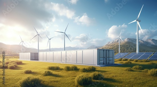 Concept of energy storage system. Renewable energy - photovoltaics, wind turbines and Li-ion battery container in morning fresh nature. 3d rendering. photo
