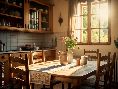 A touch of Provence in this dining room with lovely interior. AI Generation.