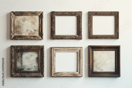Various wooden retro vintage frames hanging on wall with copy space background. Frames on grunge old wall. Frames for painting or photograph. Generative AI