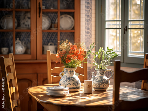 Warm and inviting Provence dining room adorned with classic furniture. AI Generation.