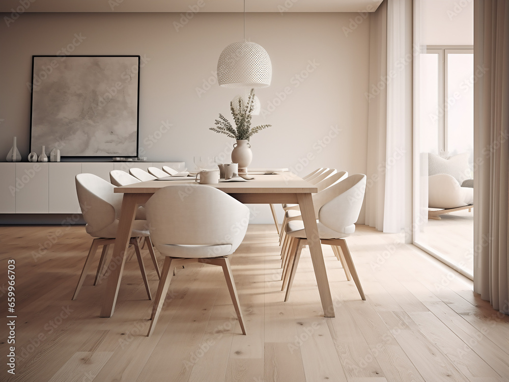 Airy white dining room adorned with tasteful design. AI Generation. Airy white dining room adorned with tasteful design. AI Generation.