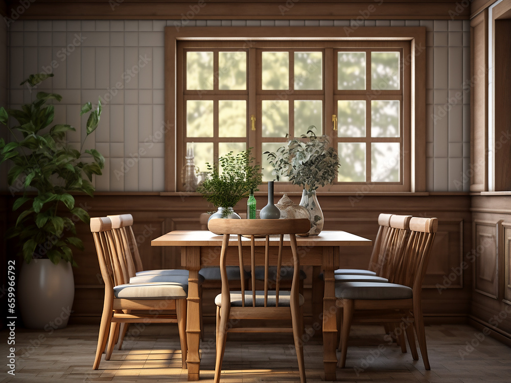 Elegant wood dining room with classic furniture, warm interior. AI Generation.