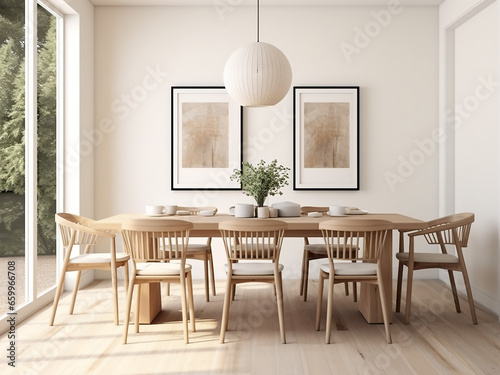 Elegant white dining room with stylish furniture. AI Generation.