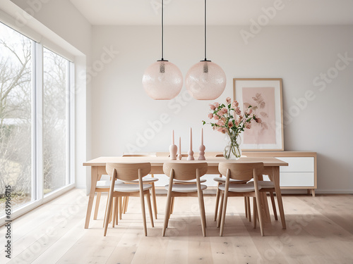 Inviting white dining room with cozy interior and dinner vibes. AI Generation.