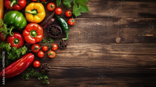 ingredients for cooking vegetarian food, tomatoes, butter, herbs, colorful peppers on wooden rustic background top view border, place for text
