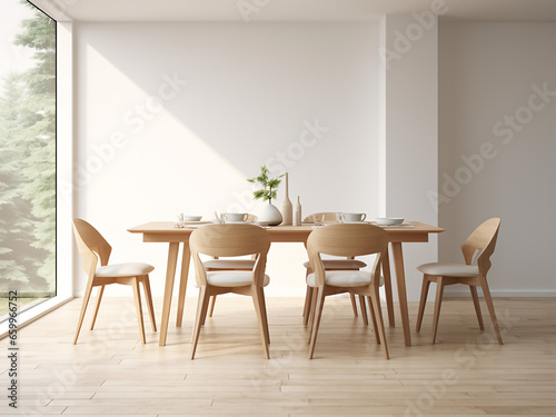 Stylish interior of a white dining room for elegant dinners. AI Generation.