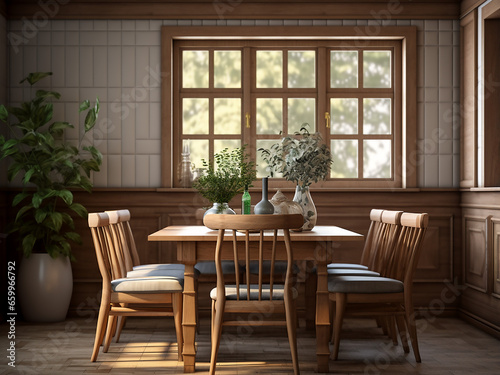 Elegant wood dining room with classic furniture  warm interior. AI Generation.
