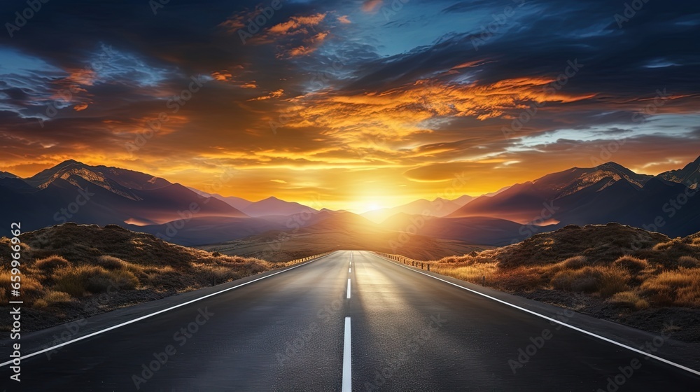 Straight asphalt road and mountain with sky clouds background at sunset
