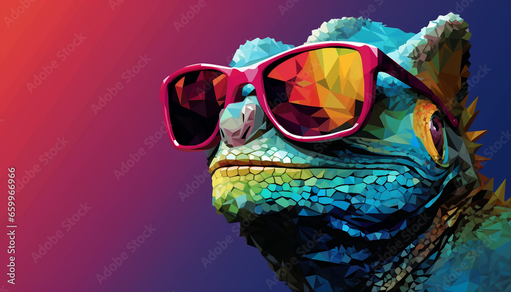 chameleon wearing sunglasses on a solid color back
