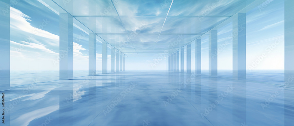 Abstract structure of an open space room with glass columns and a blue sky