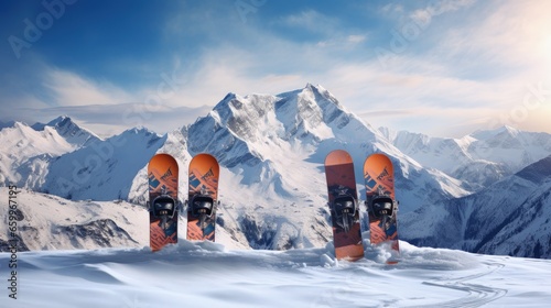 Two snowboard standing in the snow against the backdrop of the beautiful snow-capped mountains photo