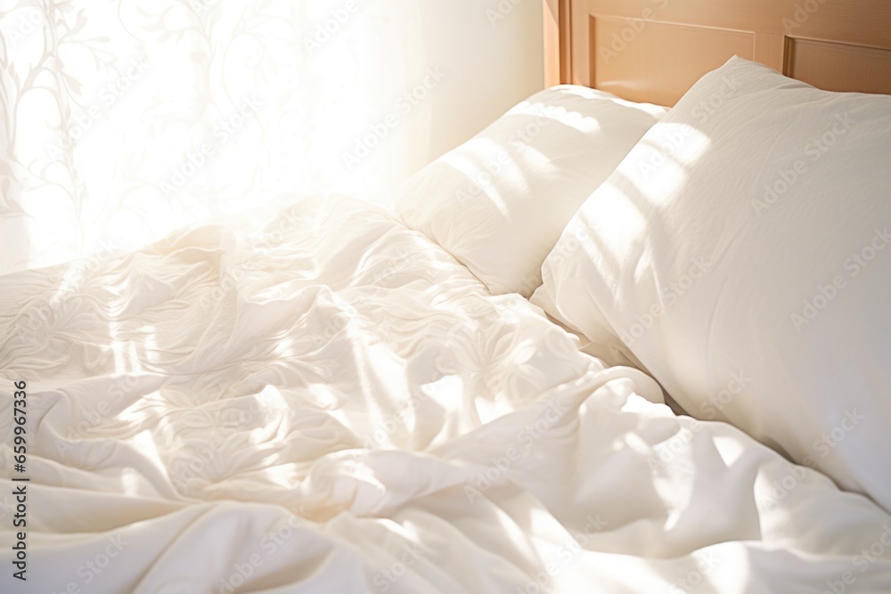 sunlight casting soft shadows on a pure white bedspread - obrazy, fototapety, plakaty 