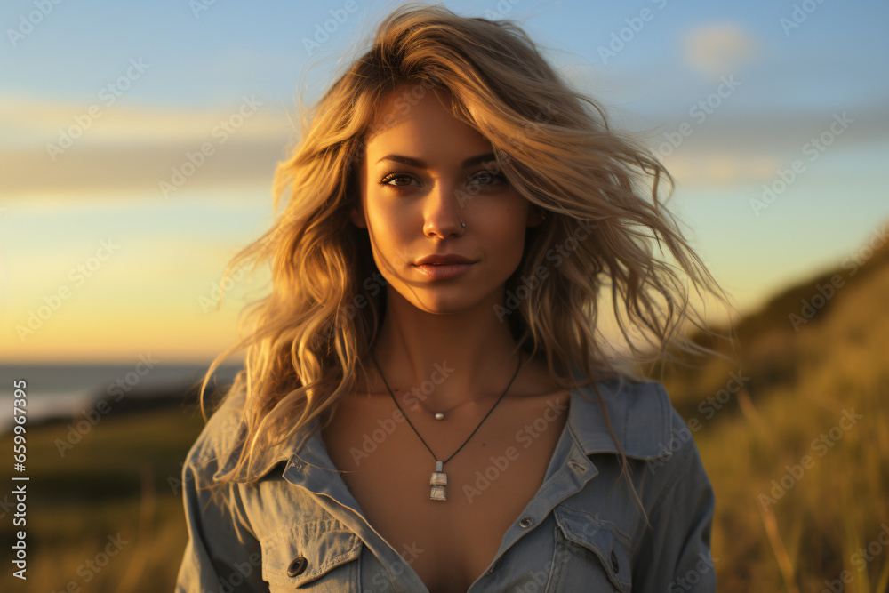 Summer beach portrait of a young sexy blonde woman in denim clothes standing on grassy beach at sunset Summer beach portrait of a young sexy blonde woman in denim clothes standing on grassy beach at sunset