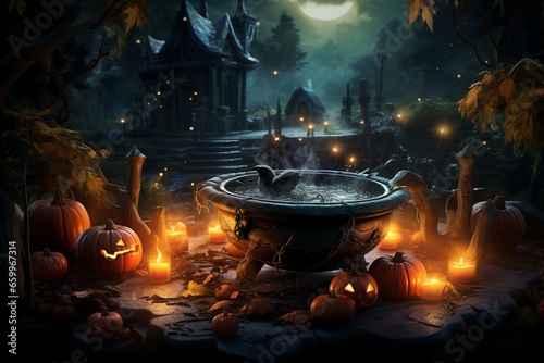 Enchanting Halloween Night, A Mysterious Cauldron's Glow created with Generative AI
