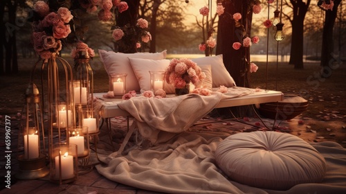 Romantic bohemian picnic setup with candles and pillows and roses