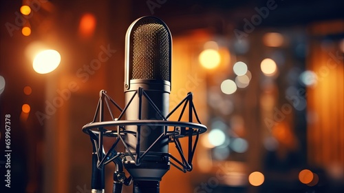 Recording studio microphone with acoustic foam background, music or broadcast banner with copy space