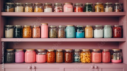 A pantry organized with containers in rainbow order, set against a pale pink wall.