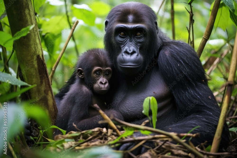 mother gorilla with her infant in the jungle mother gorilla with her infant in the jungle