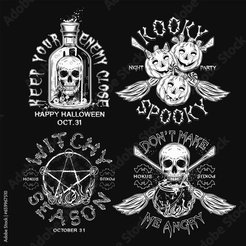 Labels with cauldron, bottle with potion, skull, criss crossed brooms, pumpkin heads like happy kids, pentagram sign, text. Black and white witchy illustrations on black background in vintage style