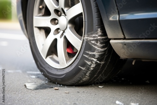 close-up of deflated car tyres after accident