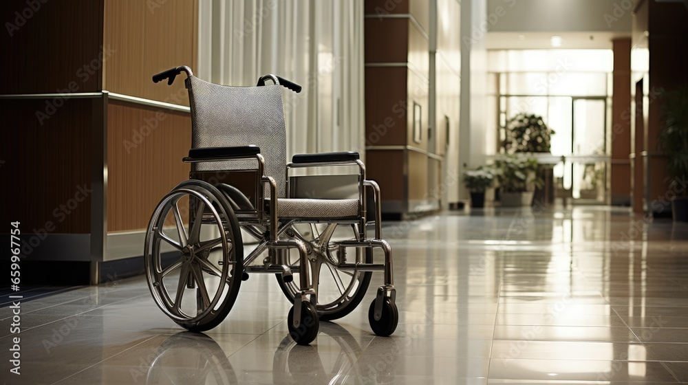 Empty wheelchair parked in hospital hallway