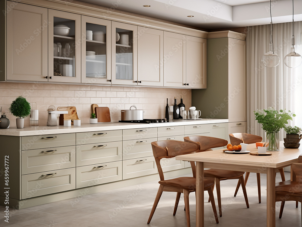 Spacious beige kitchen with ample furniture. AI Generation.