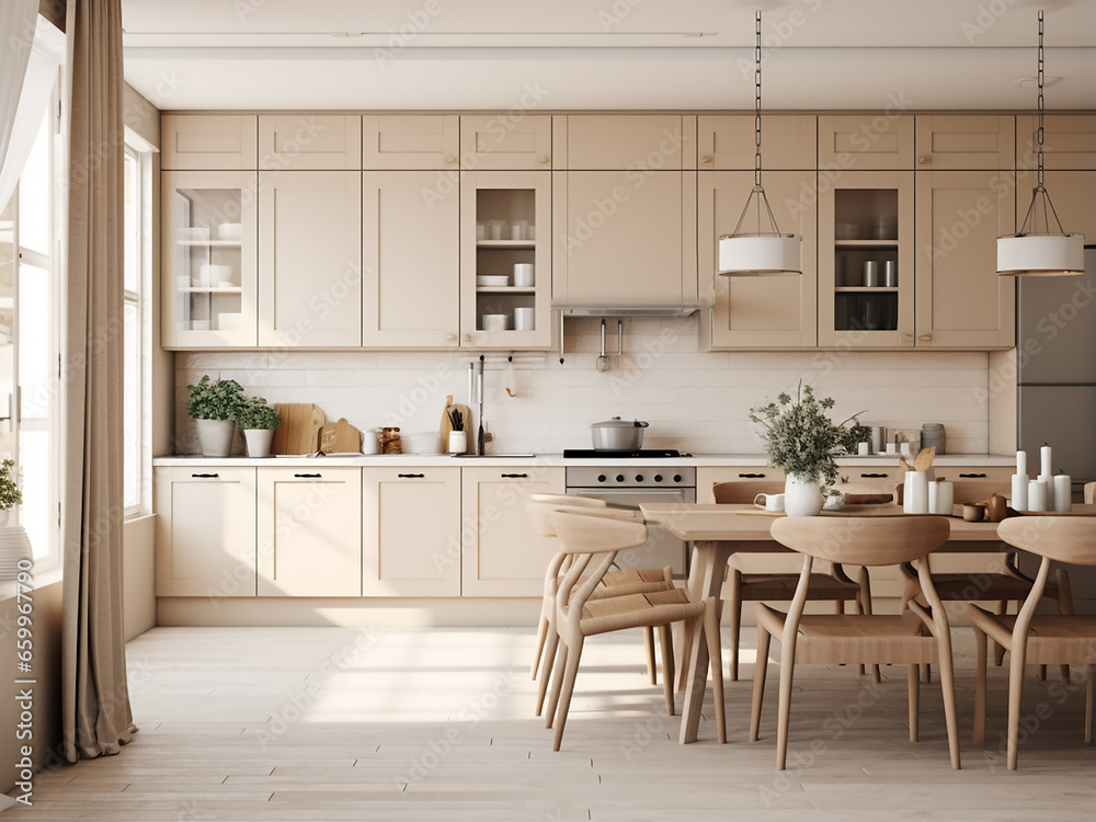 Vast beige kitchen showcasing exquisite interior design. AI Generation.