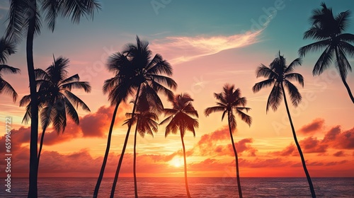 Silhouette coconut palm trees on beach at sunset. Vintage tone.