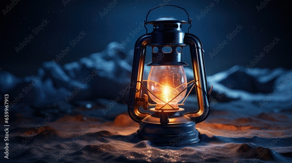 Photo of travel camping led lantern standing on cracked ice surface on dark background. - obrazy, fototapety, plakaty 