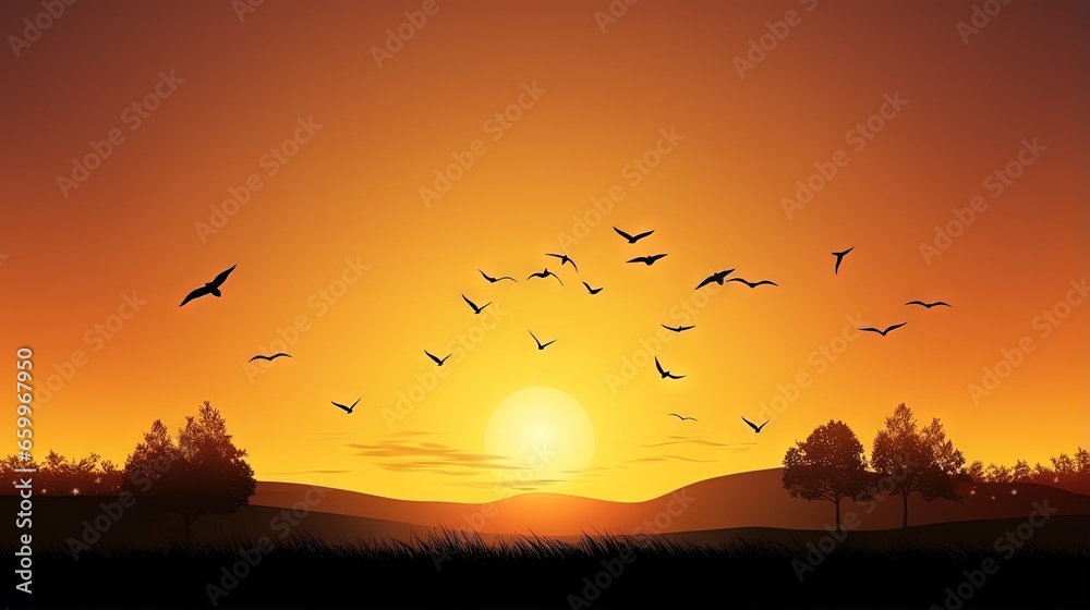 World environment day concept: Silhouette birds flying on meadow autumn sunrise landscape background