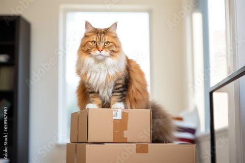cat sitting on a stack of packed boxes