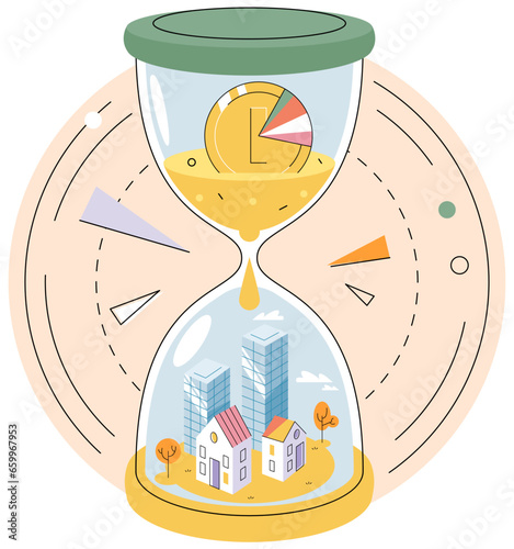 Time is money concept with gold coin turns into real estate in hourglass. Quick loan and finance. Business process organization time management easy fast currency control transaction with capital