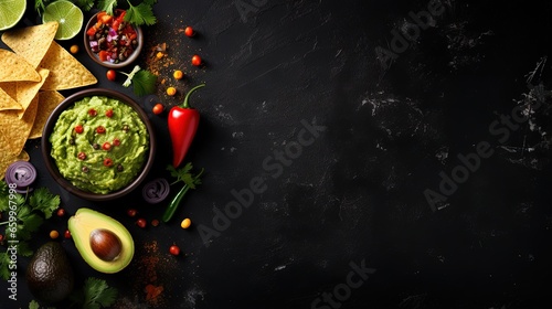 Latinamerican mexican food party sauce guacamole, salsa, chips and tequila on black table. Top view copy space.
