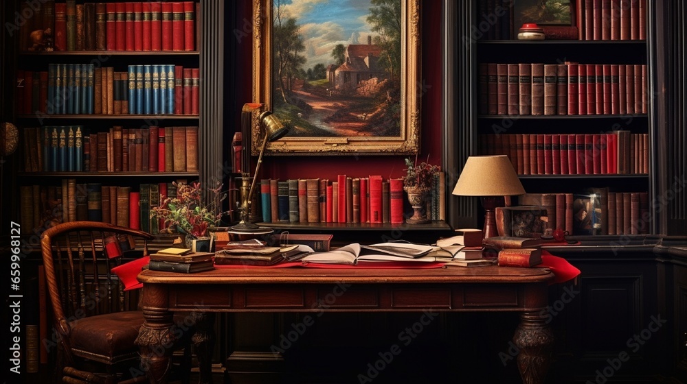 A study filled with multicolored books and a bold crimson writing desk. A study filled with multicolored books and a bold crimson writing desk.