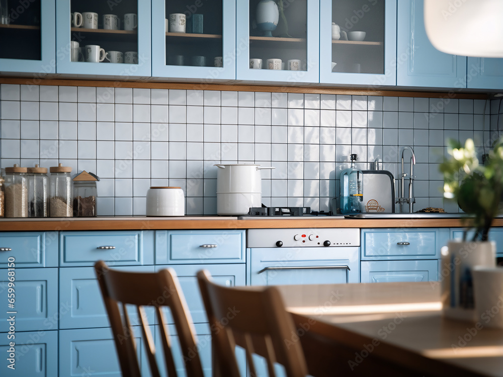 Modern big blue kitchen boasting a stylish interior. AI Generation.