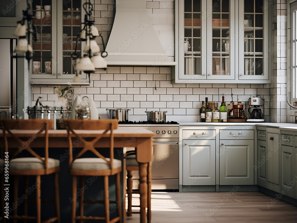 Spacious big classic kitchen with elegant furniture, timeless interior design. AI Generation.