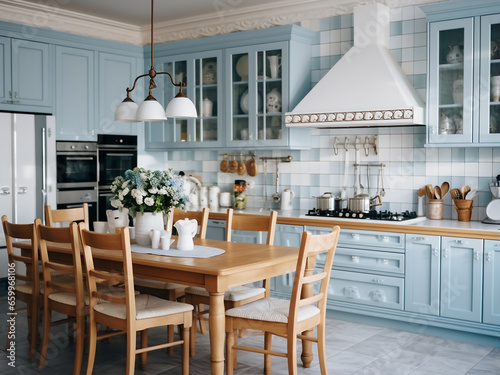 Elegant big blue kitchen displaying timeless design. AI Generation.