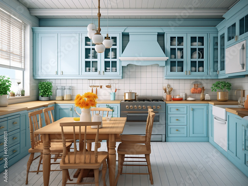 Stylish big blue kitchen designed with inviting interior. AI Generation.