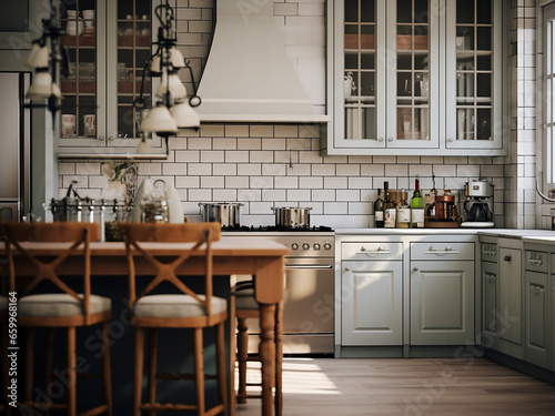 Spacious big classic kitchen with elegant furniture, timeless interior design. AI Generation.