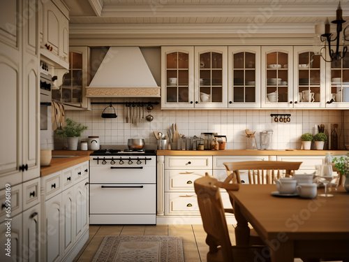 Big classic kitchen showcasing abundant furniture, interior design elements. AI Generation.
