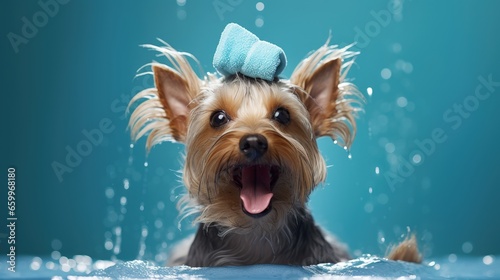 Cute Yorkshire Terrier having bath with foam on head. Smiling dog after bath showing tongue. Pet Grooming concept. Copy space © HN Works