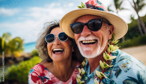 happy elderly couple in sunglasses and hats on the beach