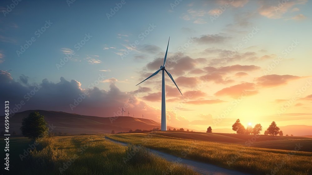 Obraz premium Wind turbine at sunrise. A wind power plant on a misty summer morning. Renewable energy in the modern world.