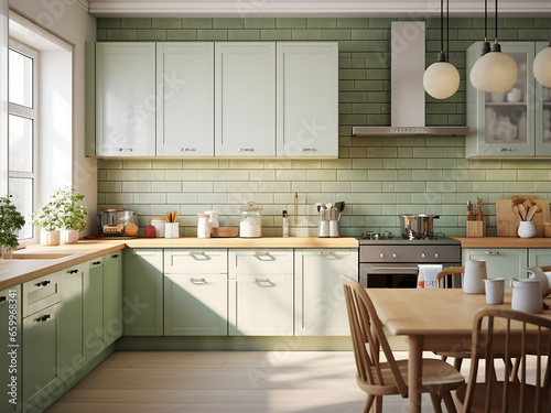 Well-appointed big green kitchen with inviting furniture. AI Generation.