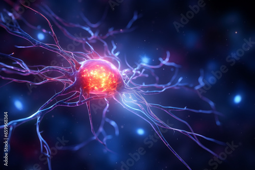 Medicine, science and sci-fi concept. Abstract illustration of human brain neurons with bright electric impulse. Abstract background with copy space. Generative AI